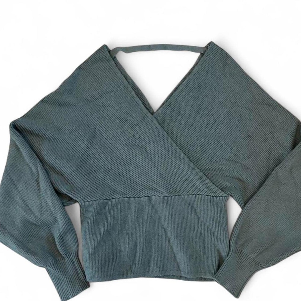 Love Tree Wrap Sweater Womens Medium Green Excellent Ribbed Dolman Sleeve